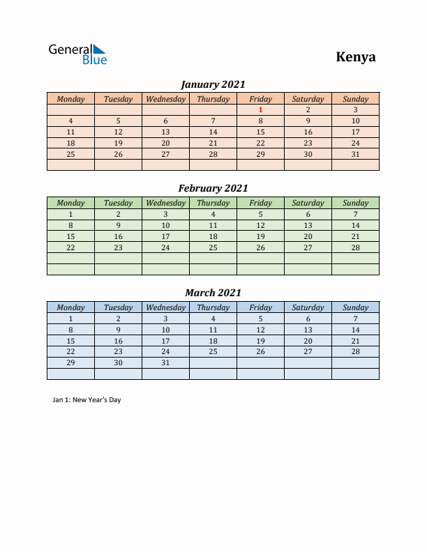 Q1 2021 Holiday Calendar - Kenya