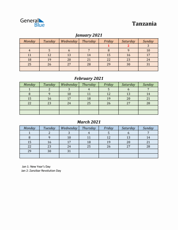Q1 2021 Holiday Calendar - Tanzania