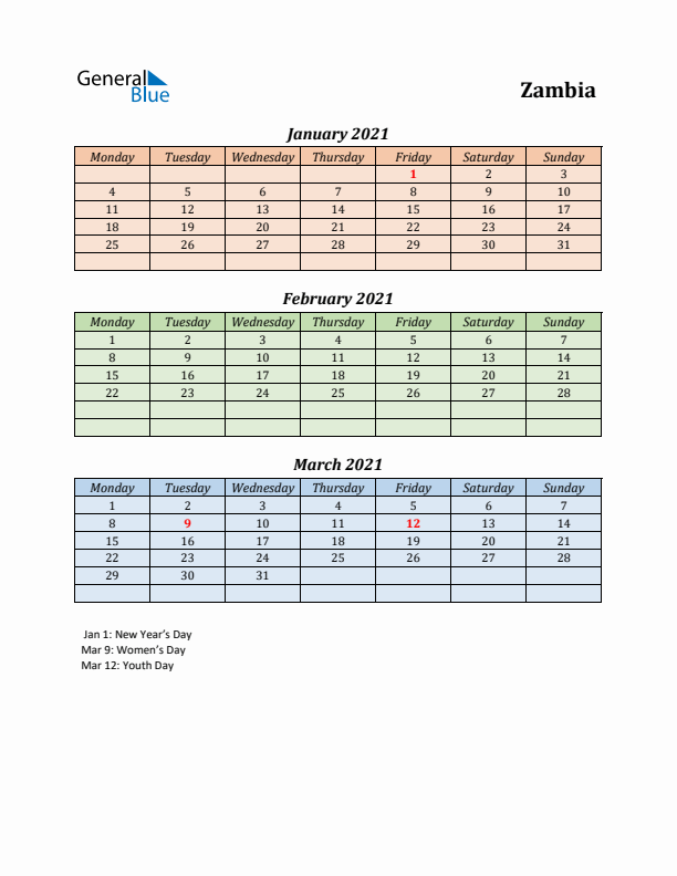 Q1 2021 Holiday Calendar - Zambia