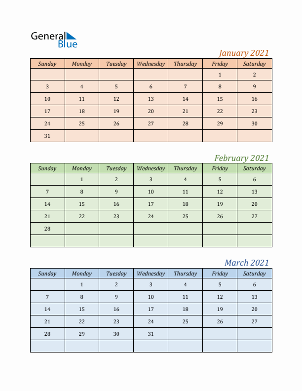Three-Month Calendar for Year 2021 (January, February, and March)