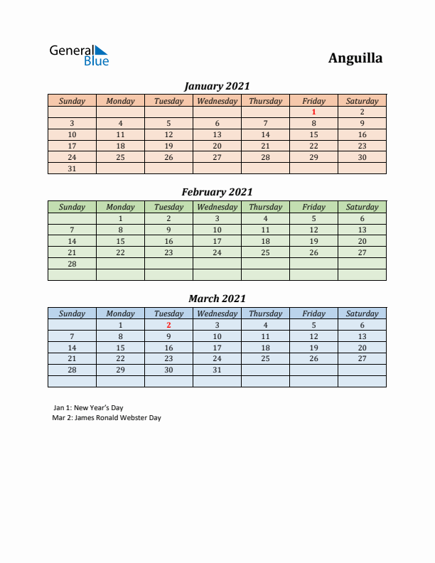 Q1 2021 Holiday Calendar - Anguilla