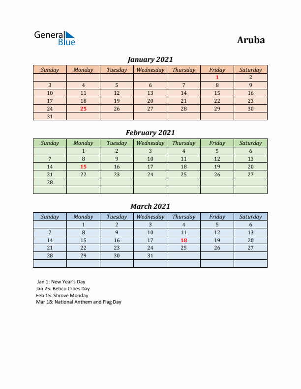 Q1 2021 Holiday Calendar - Aruba