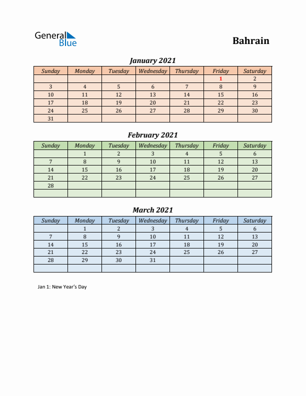 Q1 2021 Holiday Calendar - Bahrain
