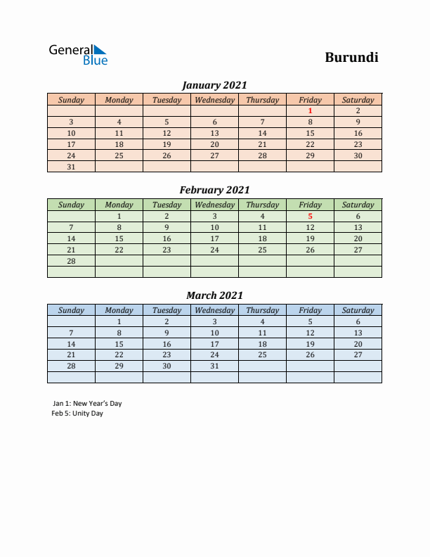 Q1 2021 Holiday Calendar - Burundi
