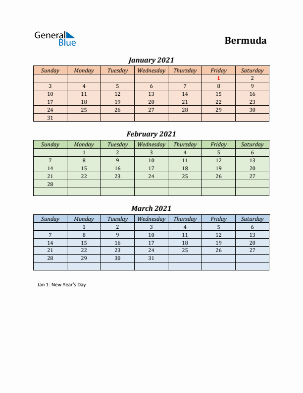 Q1 2021 Holiday Calendar - Bermuda