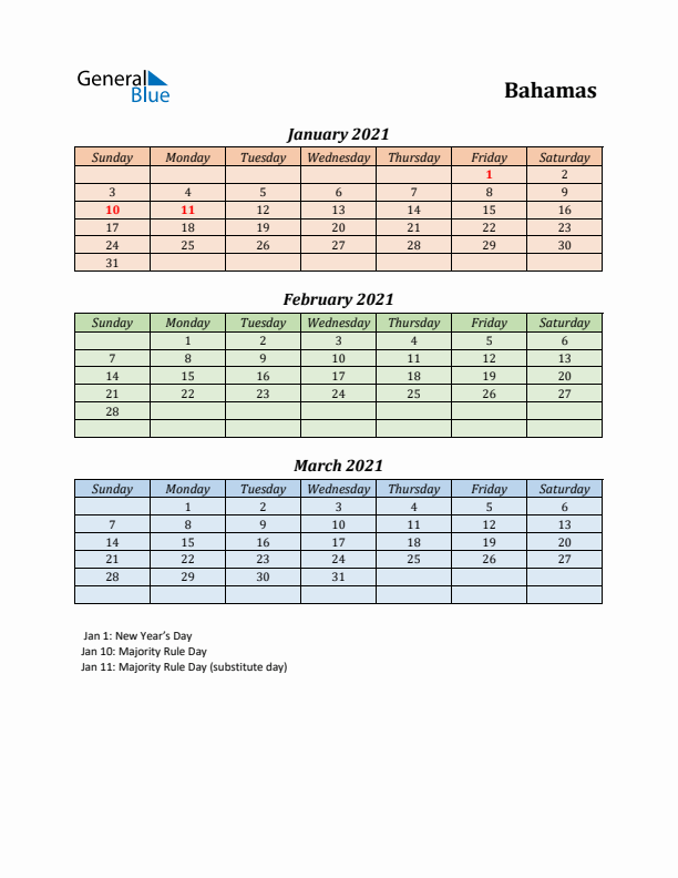 Q1 2021 Holiday Calendar - Bahamas