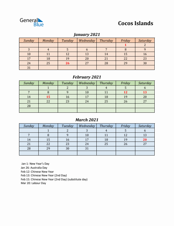 Q1 2021 Holiday Calendar - Cocos Islands