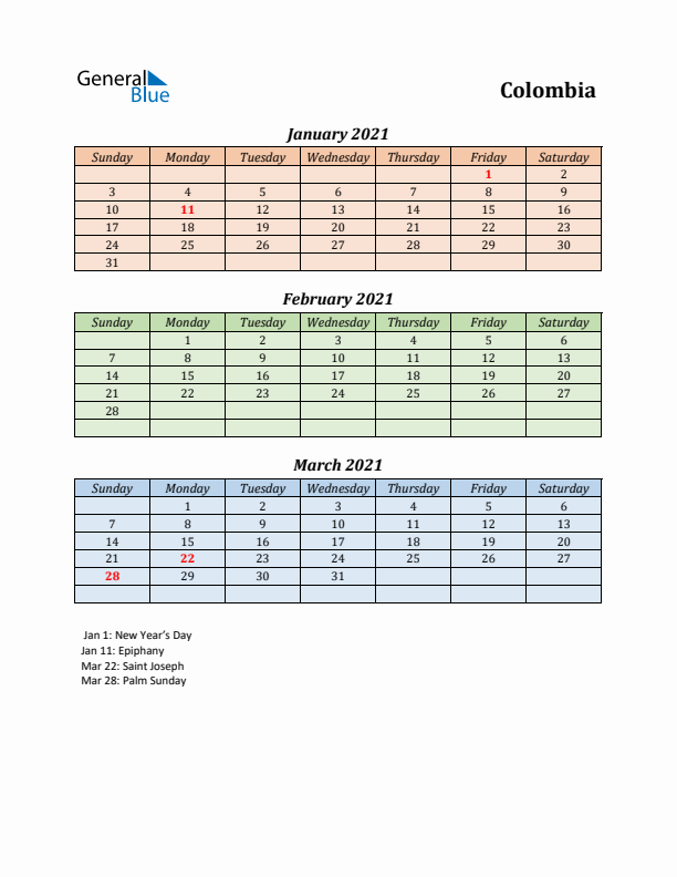 Q1 2021 Holiday Calendar - Colombia