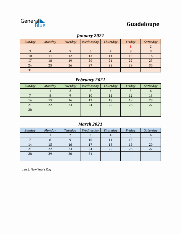Q1 2021 Holiday Calendar - Guadeloupe