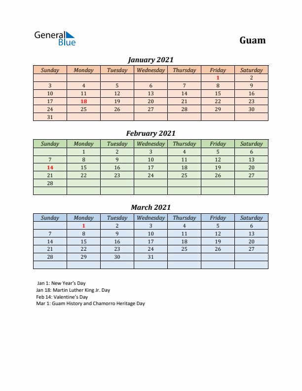 Q1 2021 Holiday Calendar - Guam