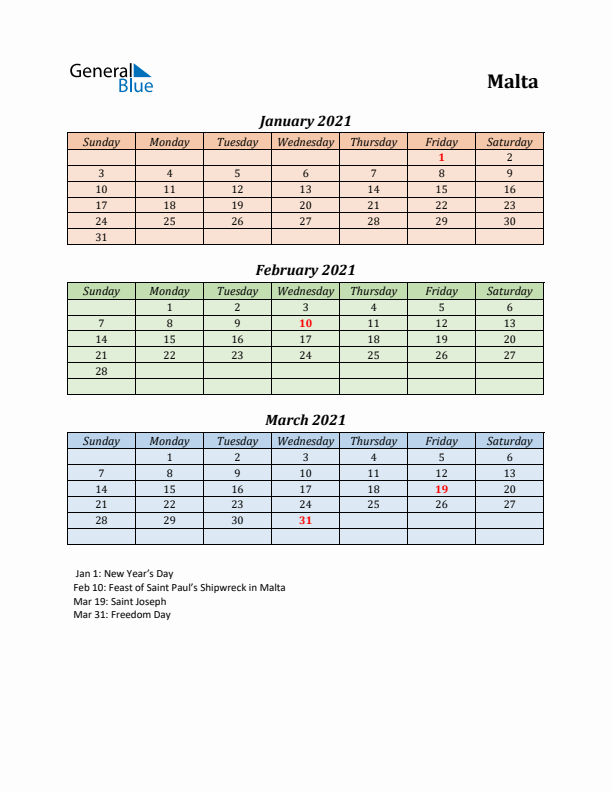 Q1 2021 Holiday Calendar - Malta