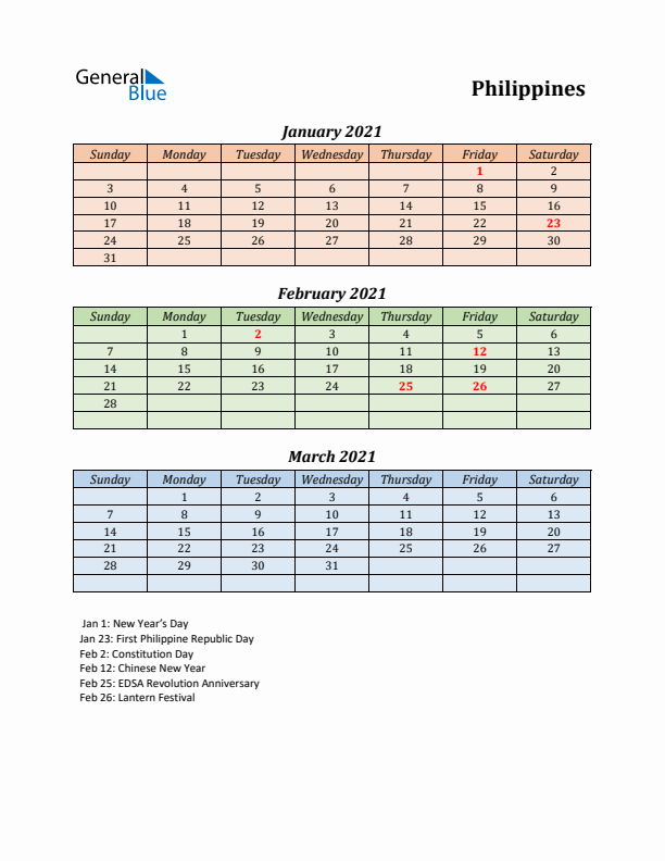 Q1 2021 Holiday Calendar - Philippines