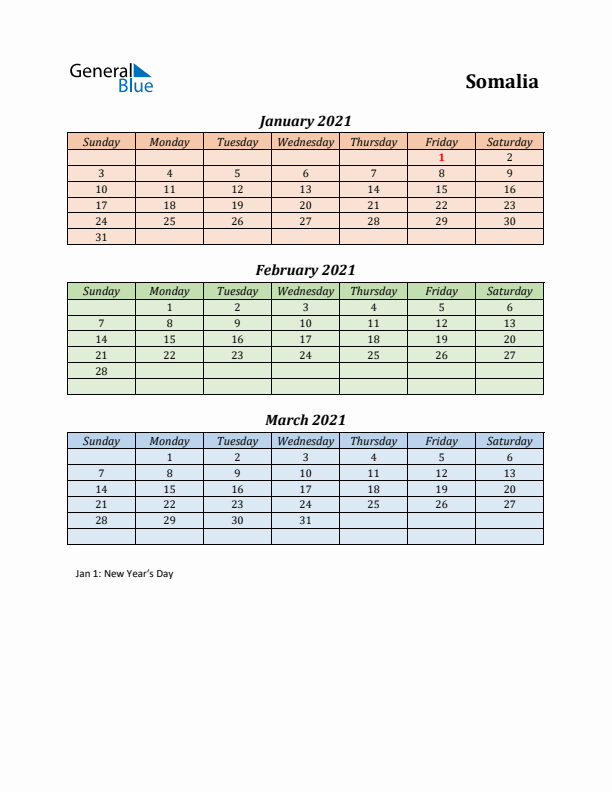 Q1 2021 Holiday Calendar - Somalia