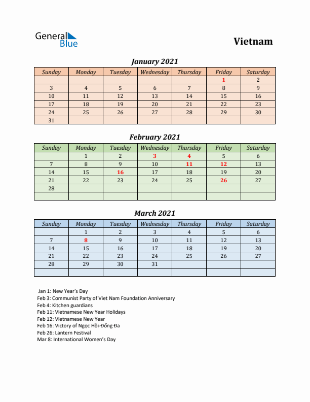 Q1 2021 Holiday Calendar - Vietnam