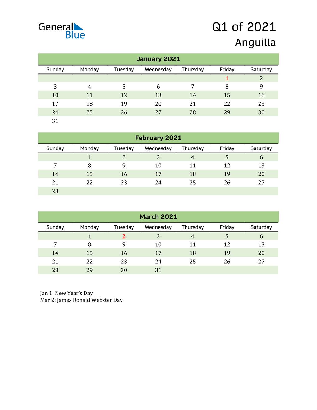  Quarterly Calendar 2021 with Anguilla Holidays 