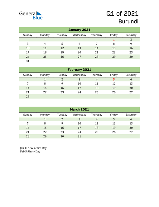  Quarterly Calendar 2021 with Burundi Holidays 
