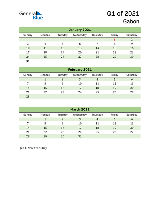  Quarterly Calendar 2021 with Gabon Holidays 