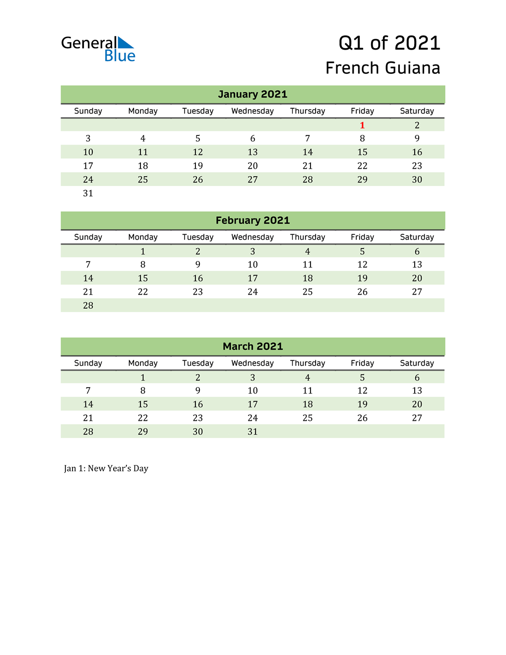  Quarterly Calendar 2021 with French Guiana Holidays 