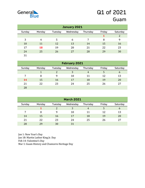  Quarterly Calendar 2021 with Guam Holidays 