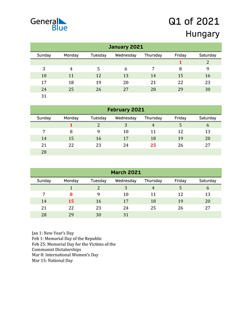  Quarterly Calendar 2021 with Hungary Holidays 