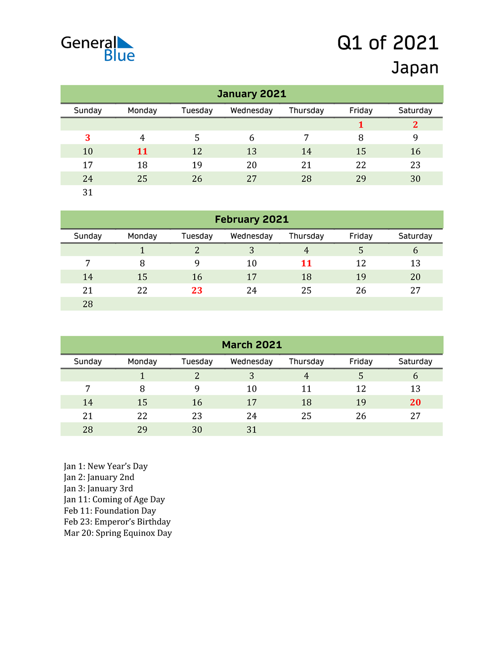  Quarterly Calendar 2021 with Japan Holidays 