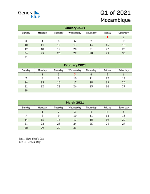  Quarterly Calendar 2021 with Mozambique Holidays 