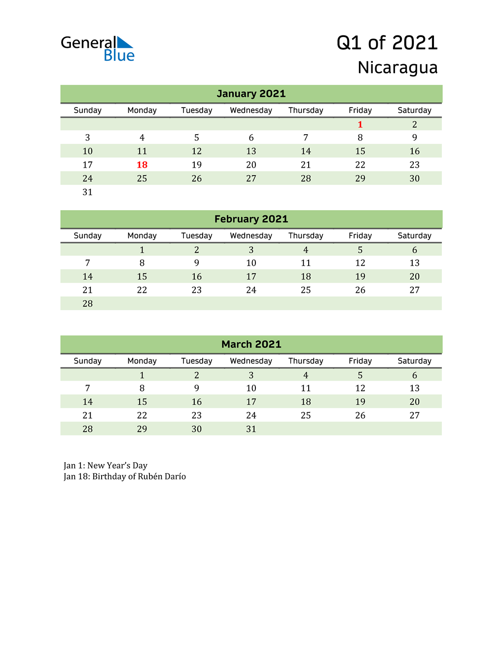  Quarterly Calendar 2021 with Nicaragua Holidays 