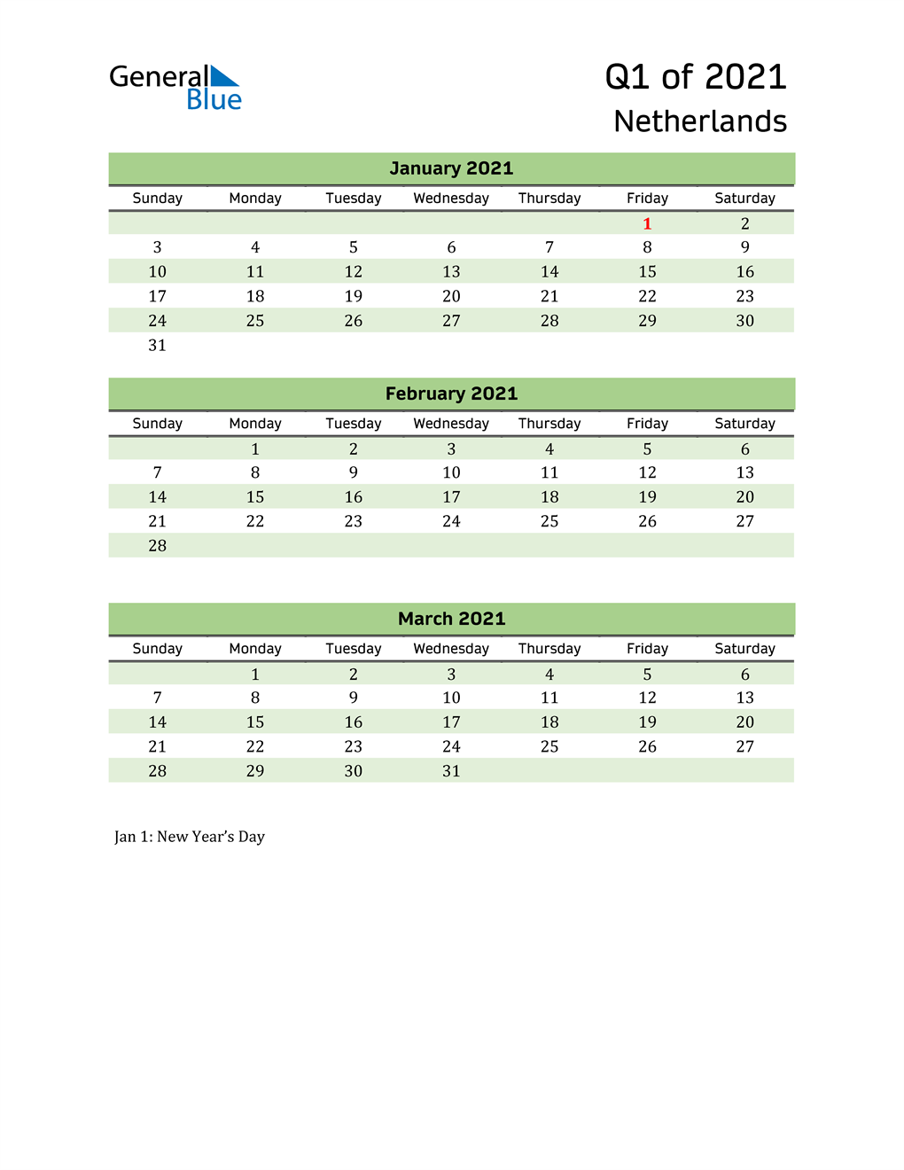  Quarterly Calendar 2021 with Netherlands Holidays 