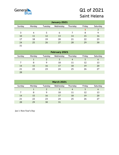  Quarterly Calendar 2021 with Saint Helena Holidays 