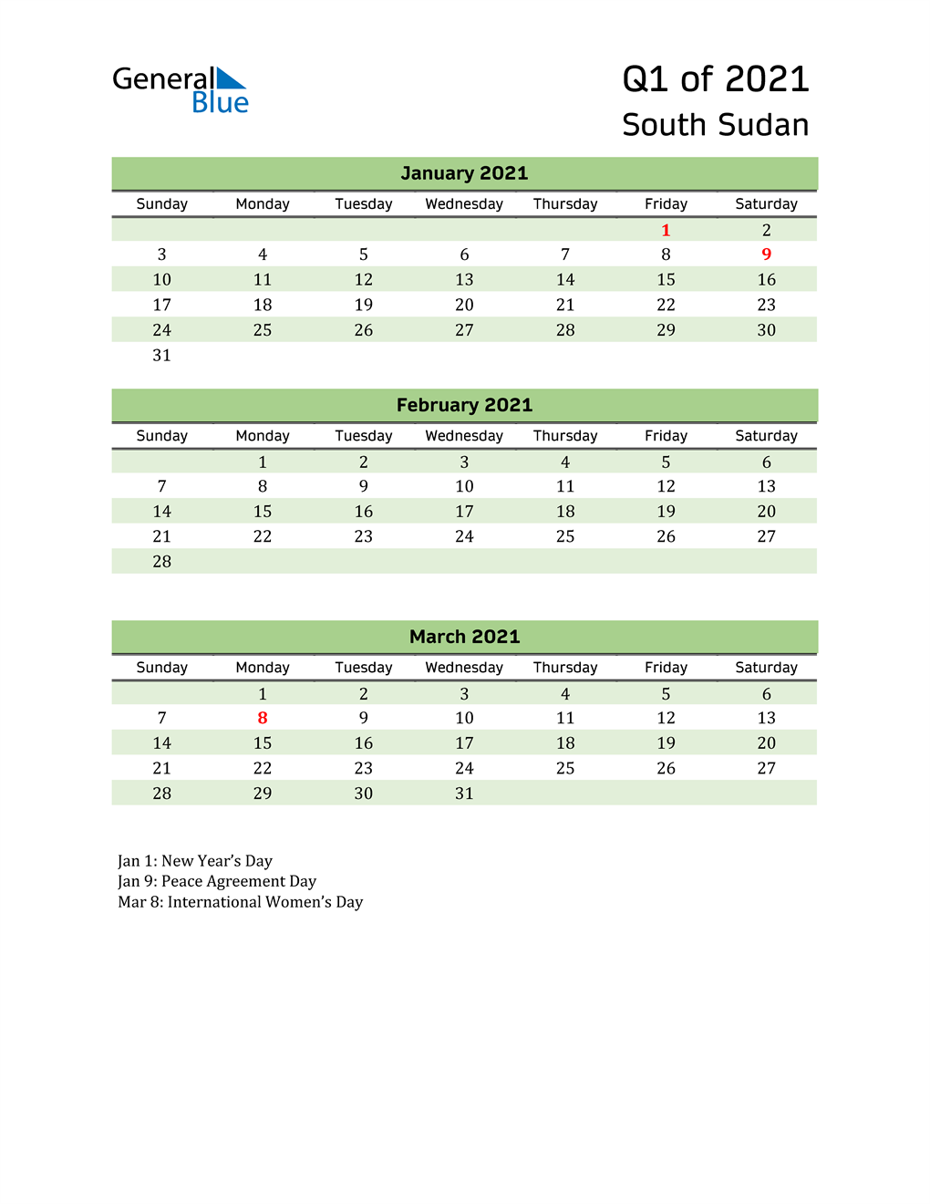  Quarterly Calendar 2021 with South Sudan Holidays 