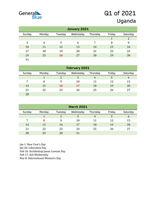  Quarterly Calendar 2021 with Uganda Holidays 