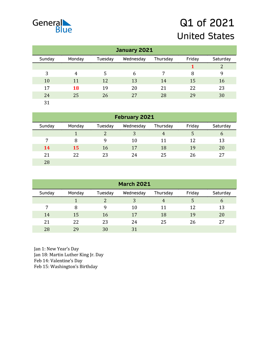  Quarterly Calendar 2021 with United States Holidays 