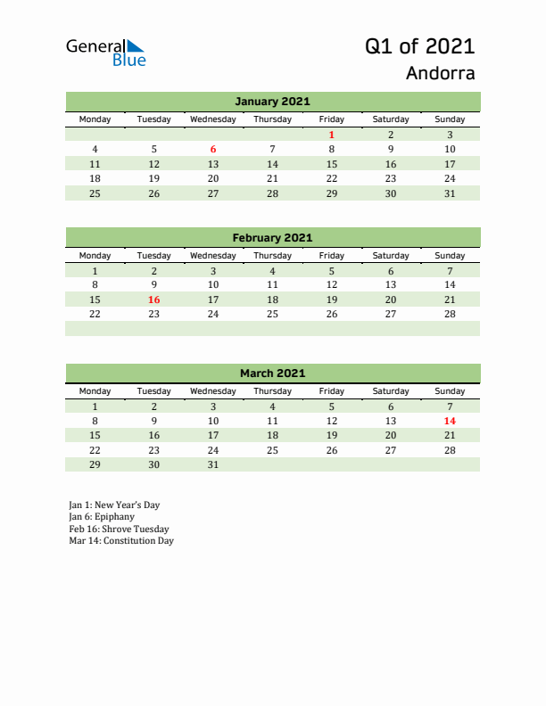 Quarterly Calendar 2021 with Andorra Holidays
