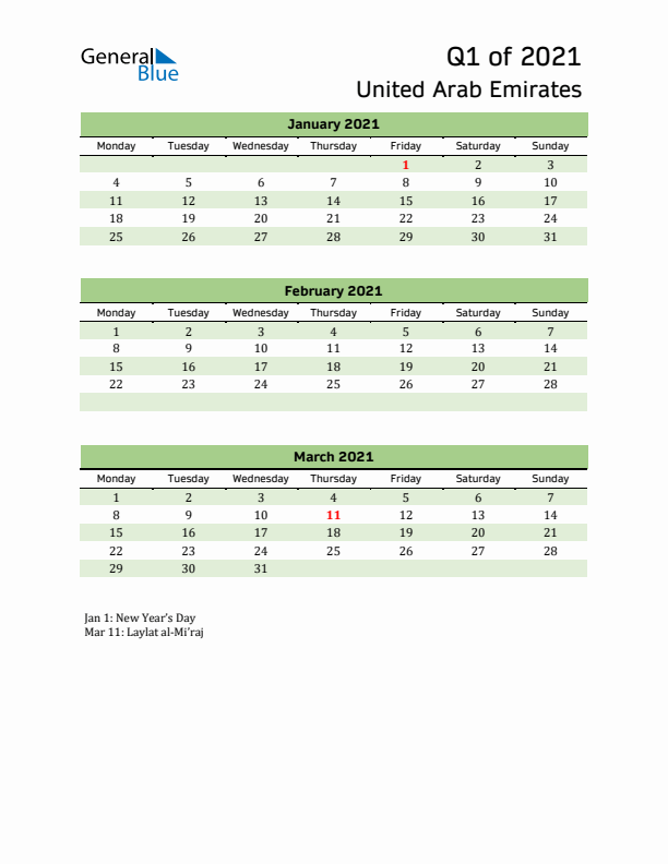 Quarterly Calendar 2021 with United Arab Emirates Holidays