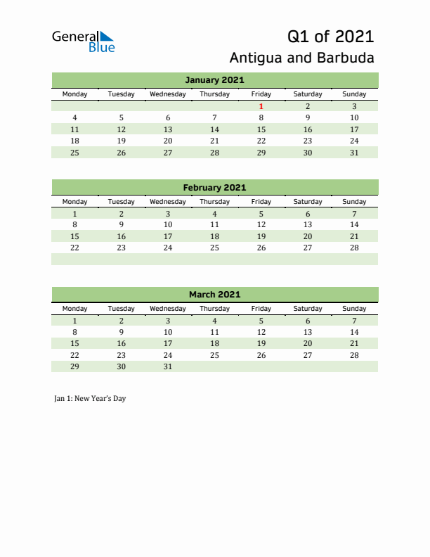Quarterly Calendar 2021 with Antigua and Barbuda Holidays