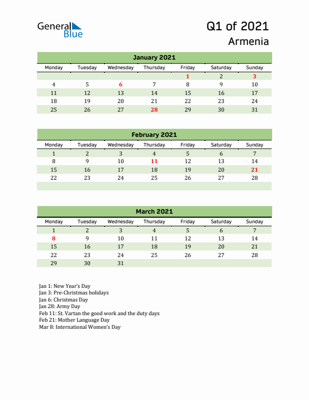 Quarterly Calendar 2021 with Armenia Holidays