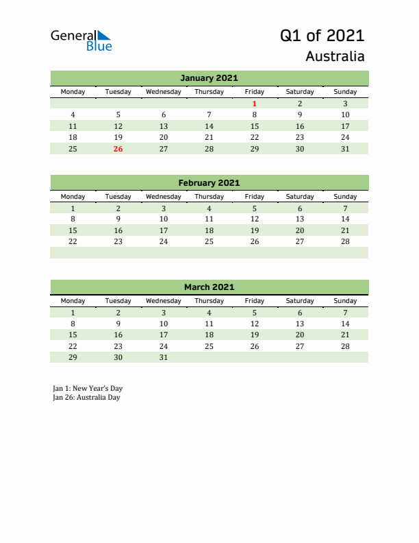 Quarterly Calendar 2021 with Australia Holidays