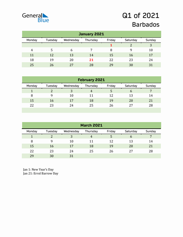 Quarterly Calendar 2021 with Barbados Holidays
