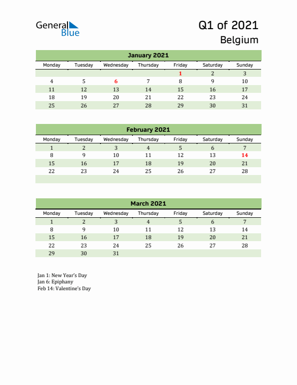 Quarterly Calendar 2021 with Belgium Holidays