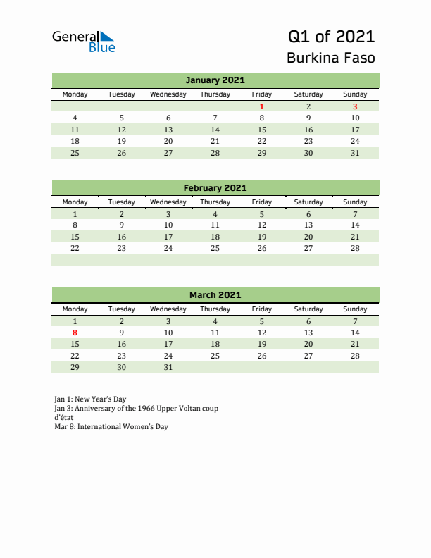 Quarterly Calendar 2021 with Burkina Faso Holidays