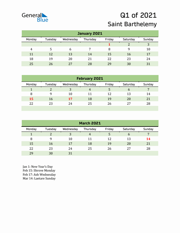 Quarterly Calendar 2021 with Saint Barthelemy Holidays