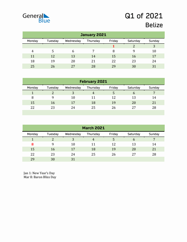 Quarterly Calendar 2021 with Belize Holidays