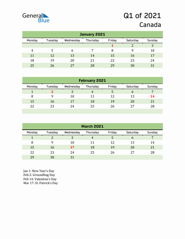 Quarterly Calendar 2021 with Canada Holidays