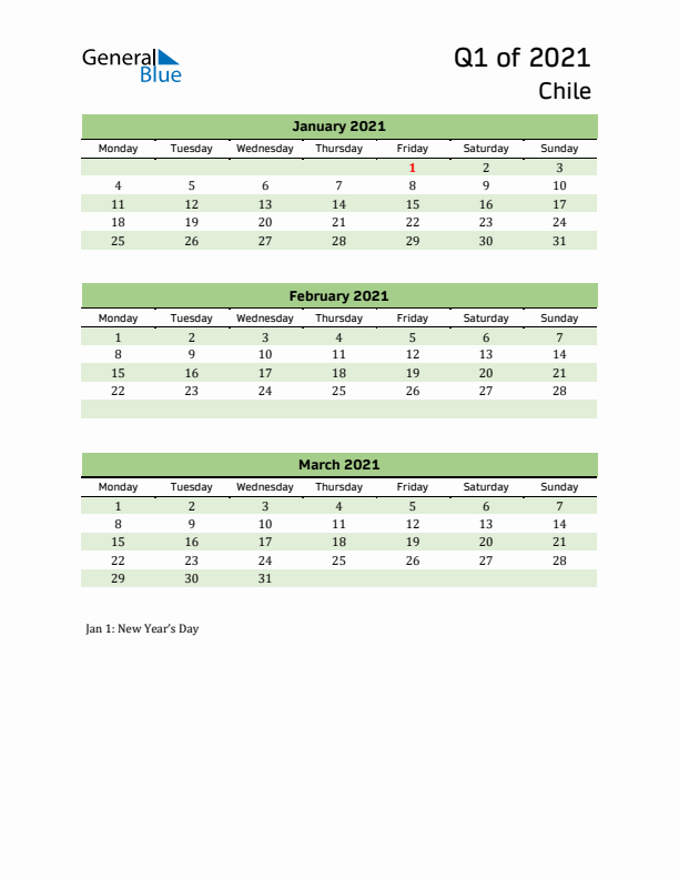 Quarterly Calendar 2021 with Chile Holidays