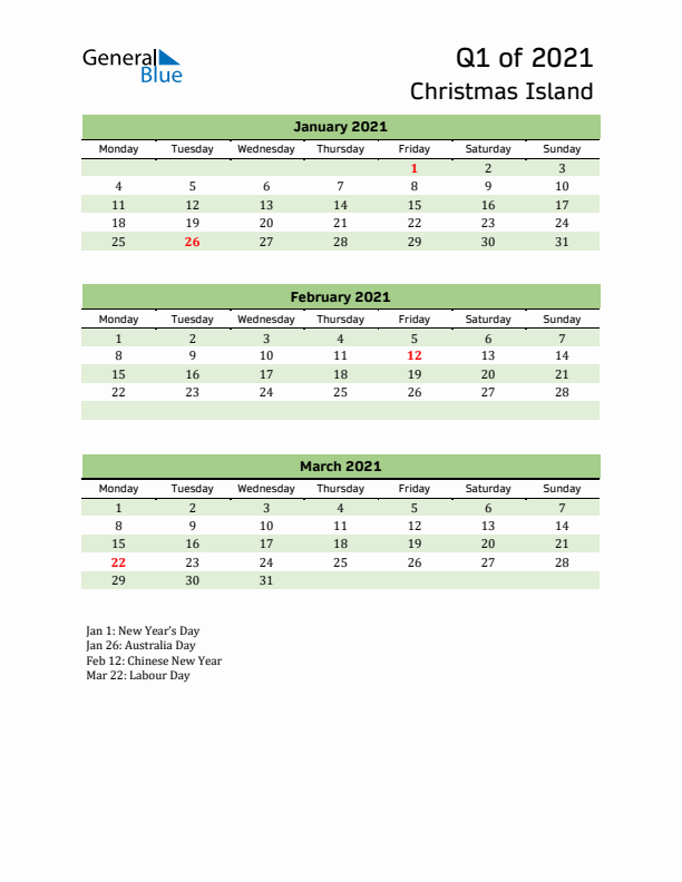 Quarterly Calendar 2021 with Christmas Island Holidays