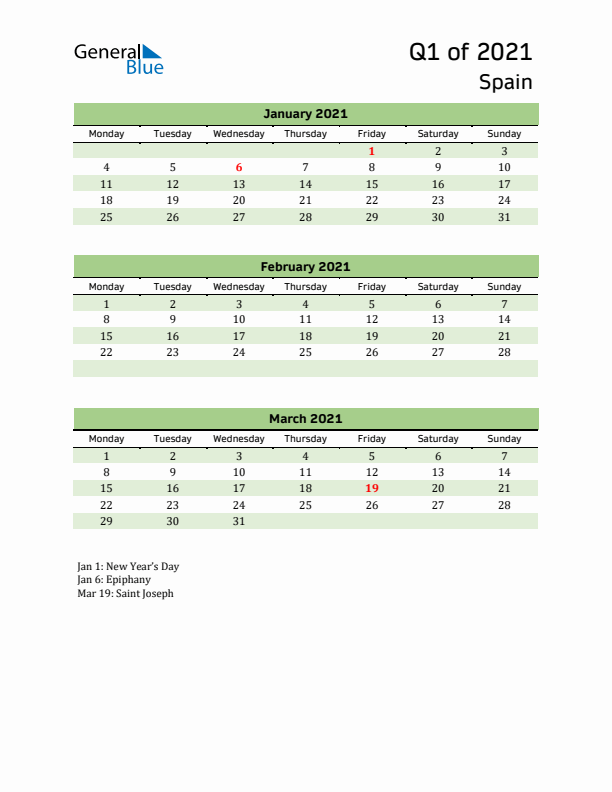 Quarterly Calendar 2021 with Spain Holidays