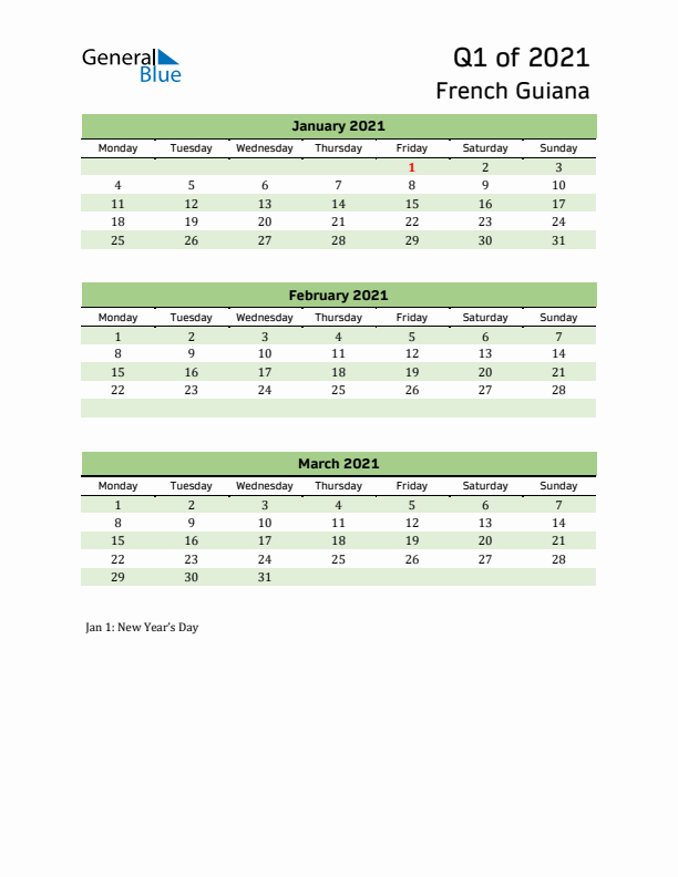 Quarterly Calendar 2021 with French Guiana Holidays