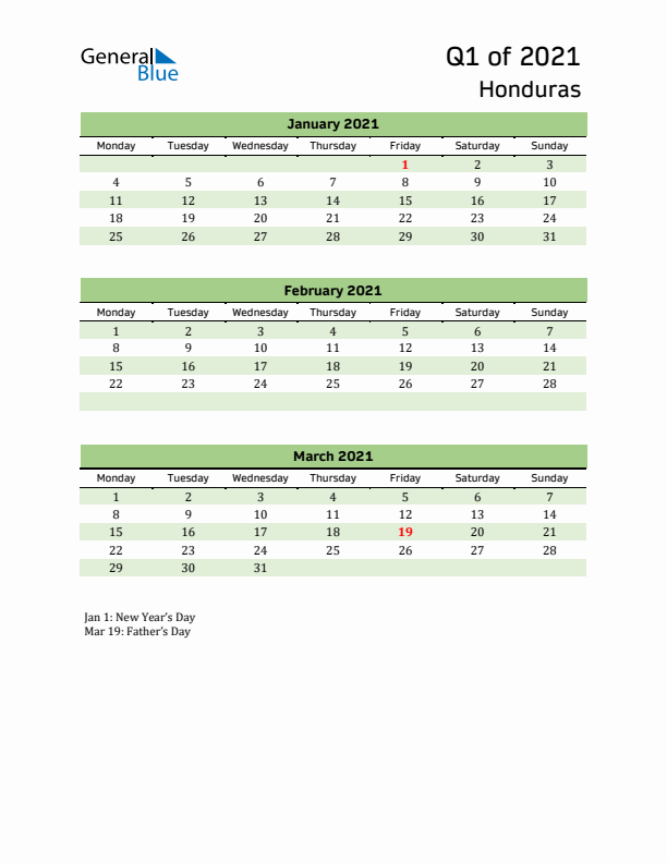 Quarterly Calendar 2021 with Honduras Holidays