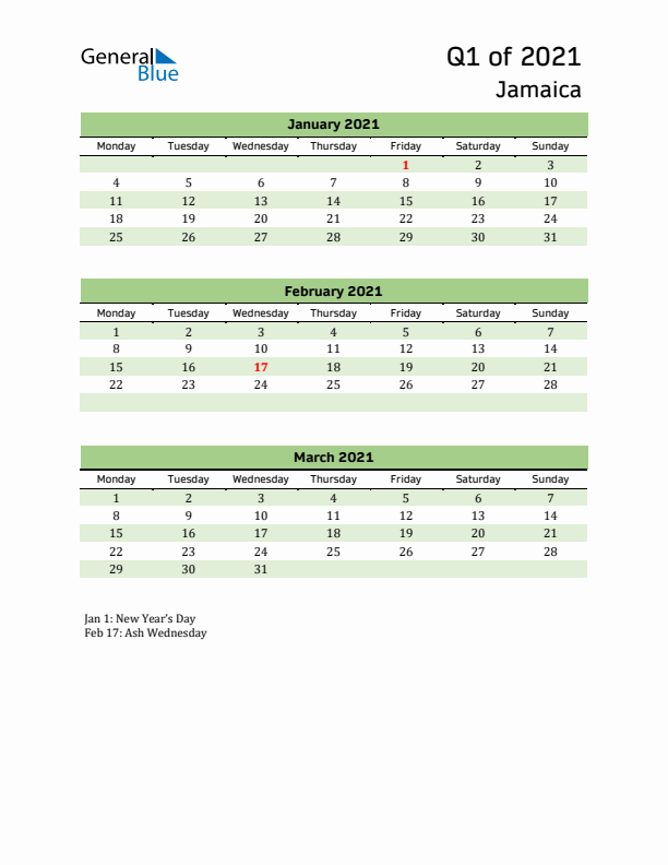 Quarterly Calendar 2021 with Jamaica Holidays