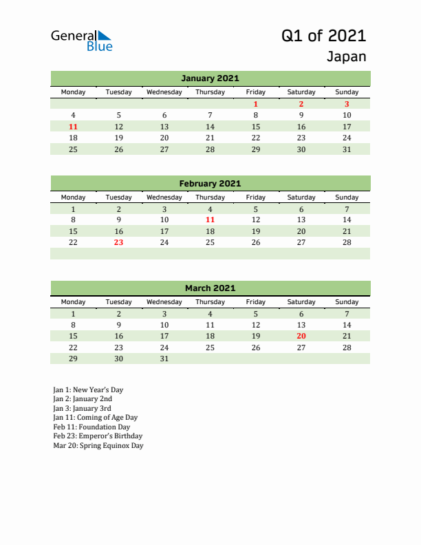 Quarterly Calendar 2021 with Japan Holidays